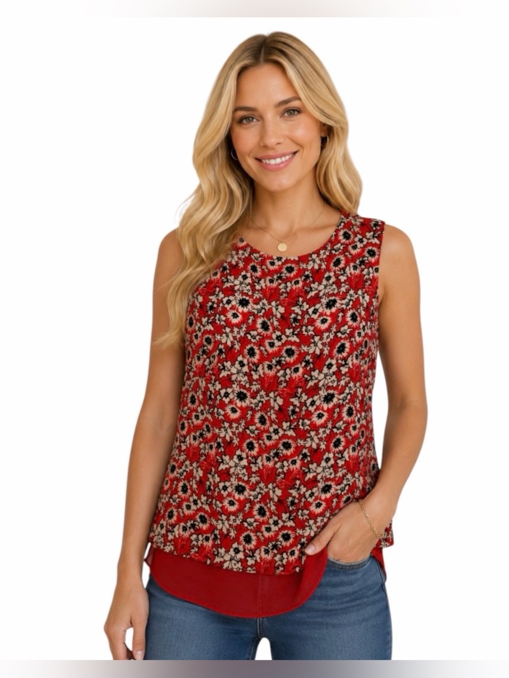 Rose + Olive Red Flowered Lined Sleeveless Top XS